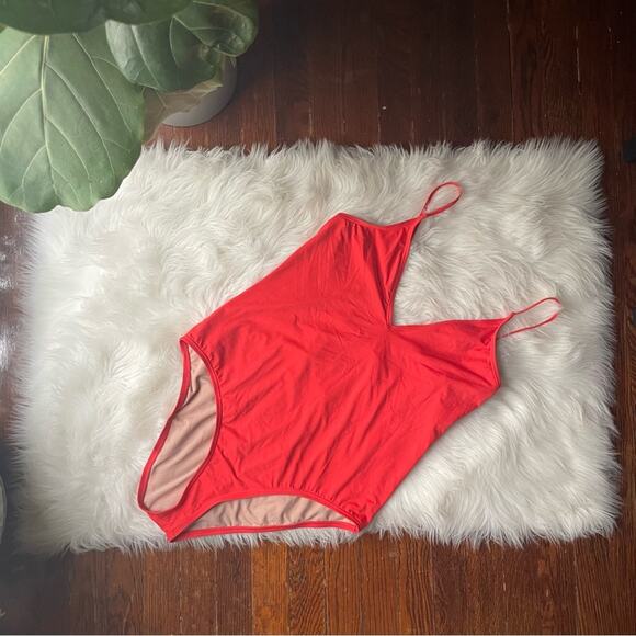 Red One Piece Swimsuit Plunge Strappy Back NWOT - Picture 1 of 3